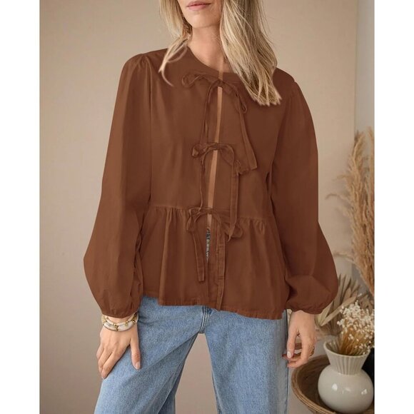 Women's Cotton Lyocell Peplum Blouse Long Sleeve Bow Tie Fall Top - Picture 6 of 7